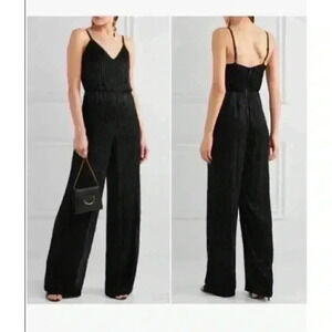 Alice + Olivia Beaded Sequin Mesh Overlay Straight Leg Jumpsuit Black Size 0